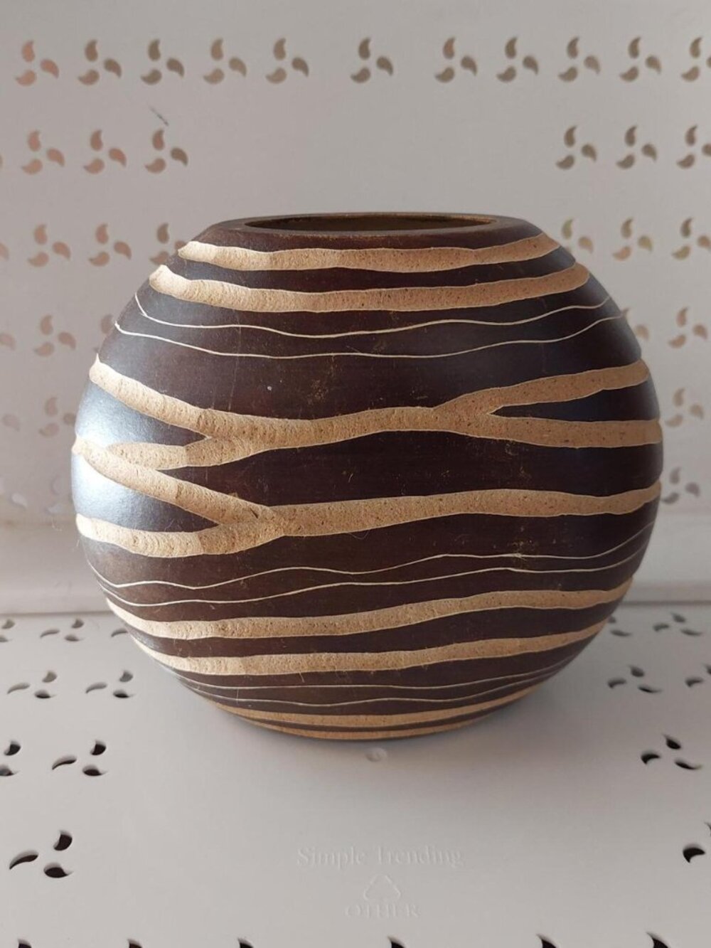 Vintage Style Ceramic Sphere Ball Vase Zebra Wavy Stripe Pattern Brown Beige Tan